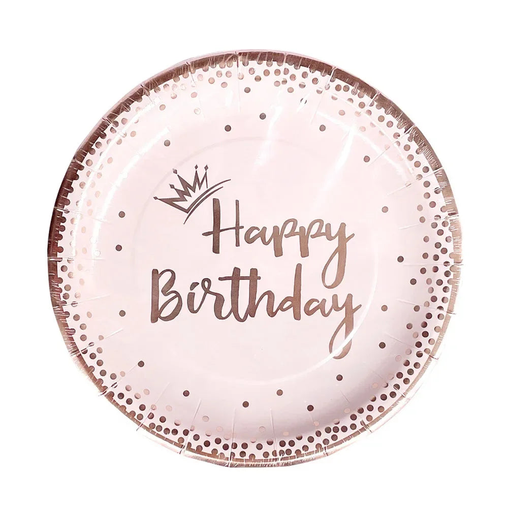 New Rose Gold Birthday Party Paper Tableware Disposable Set,Come with Dining Plate,Napkin Cup and Straw Party Supplies Tableware