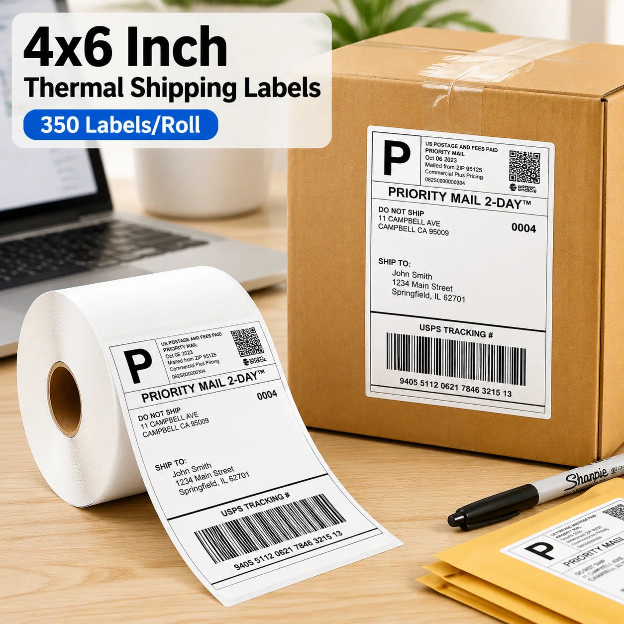 350 Labels Per Roll 100x150mm 4x6in Direct Thermal Self-Adhesive Shipping Labels, Industrial Mailing Address Stickers for Commer
