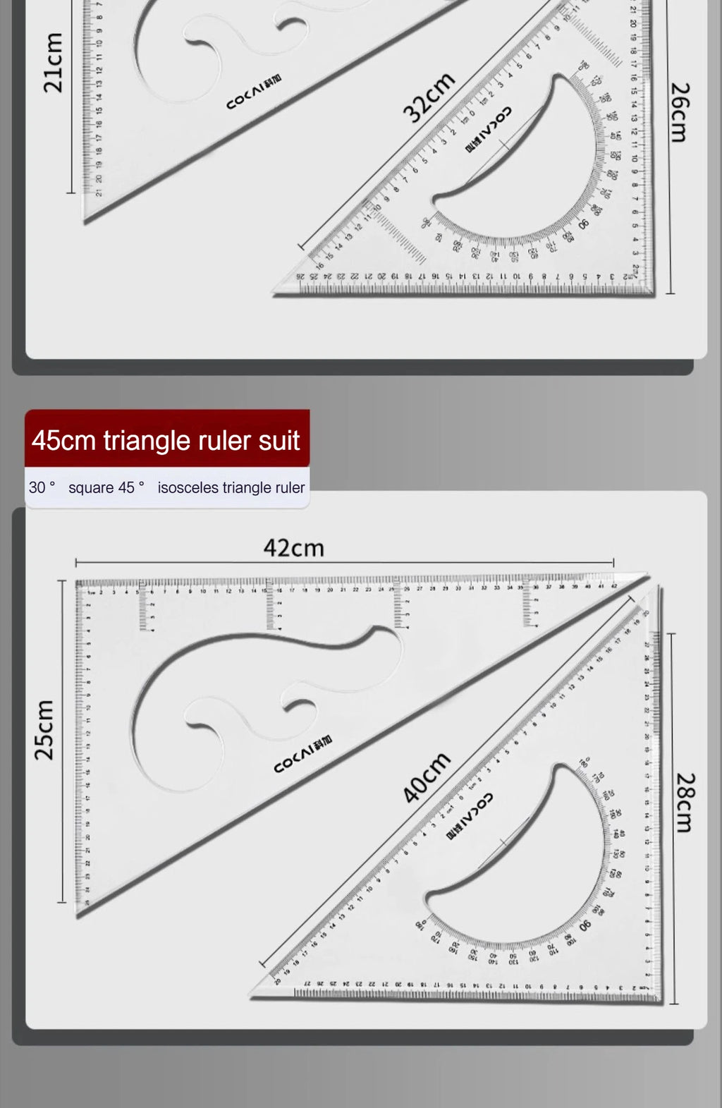 2Pcs/Set Multifunctional Triangle Ruler 30/45 Degree Measurement Angle Isosceles Triangle Ruler Geometry Students Drafting Tool