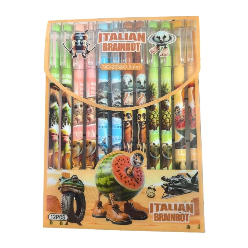 12pcs Tung Tung Sahur Italian Brainrot Wooden Stick Gel Pen Cartoon Signature Pen Individually Packaged Student Stationery Gift