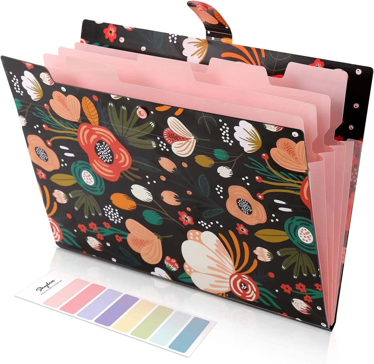 Expanding File Folder with 5 Pockets Floral Accordion Organizer for Important Documents Receipts Portable School Office Supplies Black