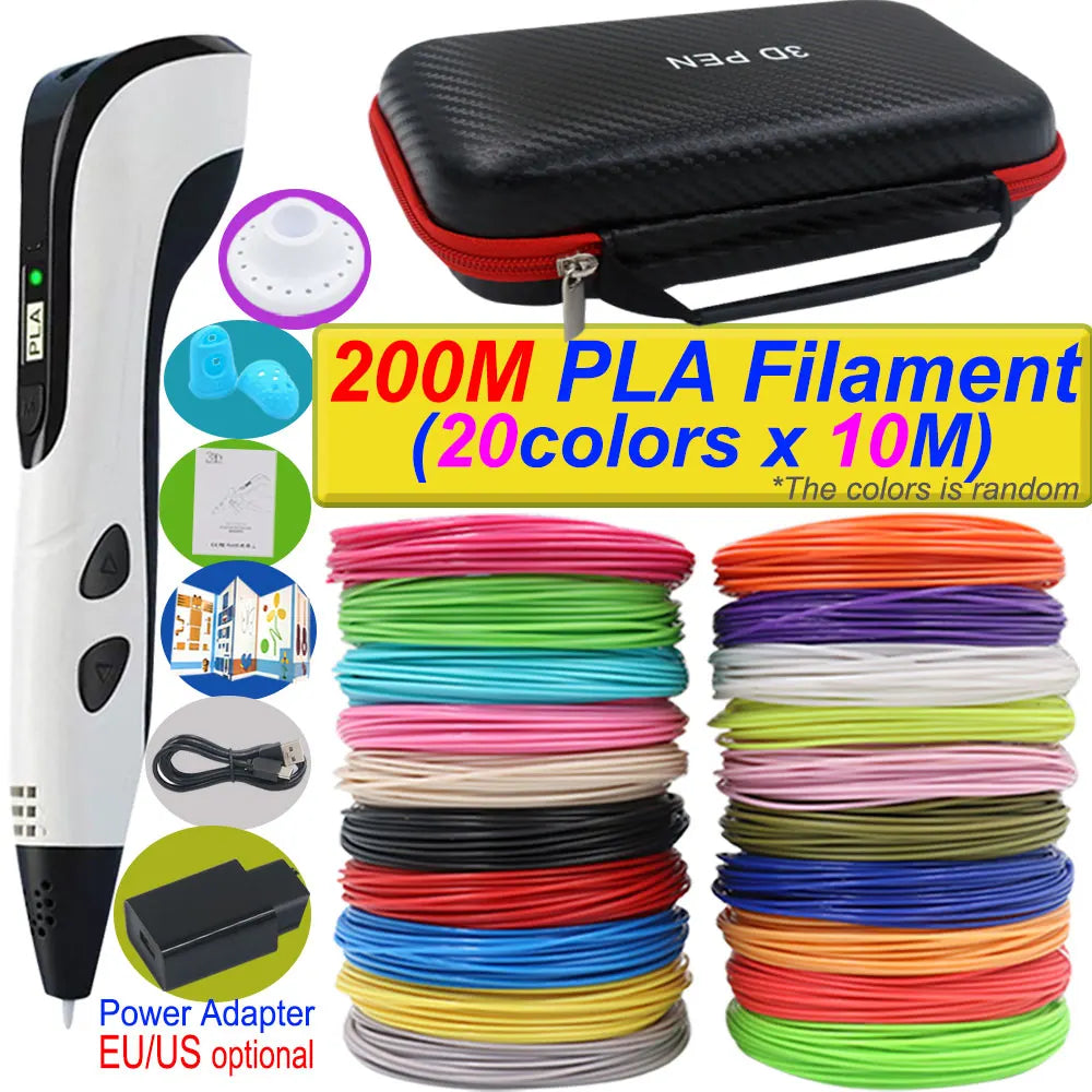 2026 New 3D Printing Pen DIY Three-dimensional Painting Children Toys With LCD Screen Power Adapter 200M PLA Filament Toys Gift