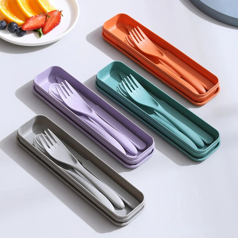 3In1 Wheat Straw Dinnerware Set Portable Reusable Cutlery Sets Knife Fork Spoon Chopsticks Travel Utensil Box Camping Tableware