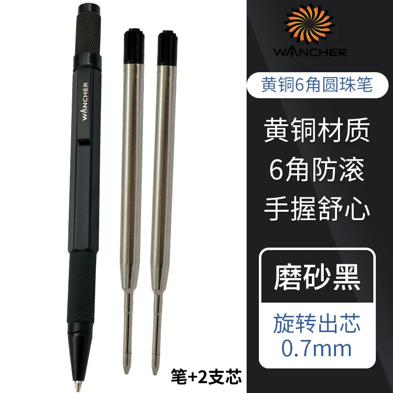 WANCHER Ballpoint Pen Original Hexagon Brass Metal Rotary Black 0.5mm Refill Replaceable W1558 Office School Stationery