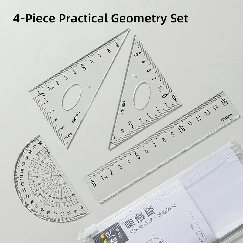 DELI Transparent Geometry Set 4 PCS Math Drawing Tools with Ruler Protractor Triangle Easy Read Measurement for Students School