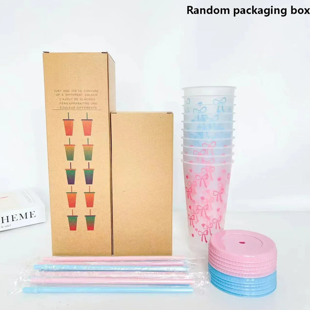 Reusable Plastic Cups With Pink Ribbons, 24 Ounces With Straws And Lids. For Parties, Drinking, Coffee, Weddings, Birthdays