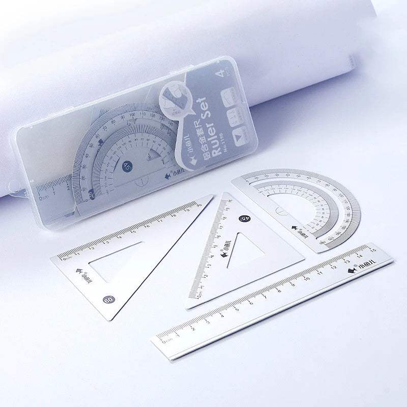 4pcs Aluminum Ruler Set,Drafting Set,With Storage Box Straight Ruler,Protractor,Students Measure Ruler Set Multi-Function Set