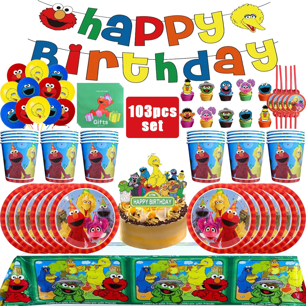 Cartoon SEsame-Streets Birthday Party Set Supplies Kids Disposable Tableware Balloon Cake Topper Banner Plates Decoration