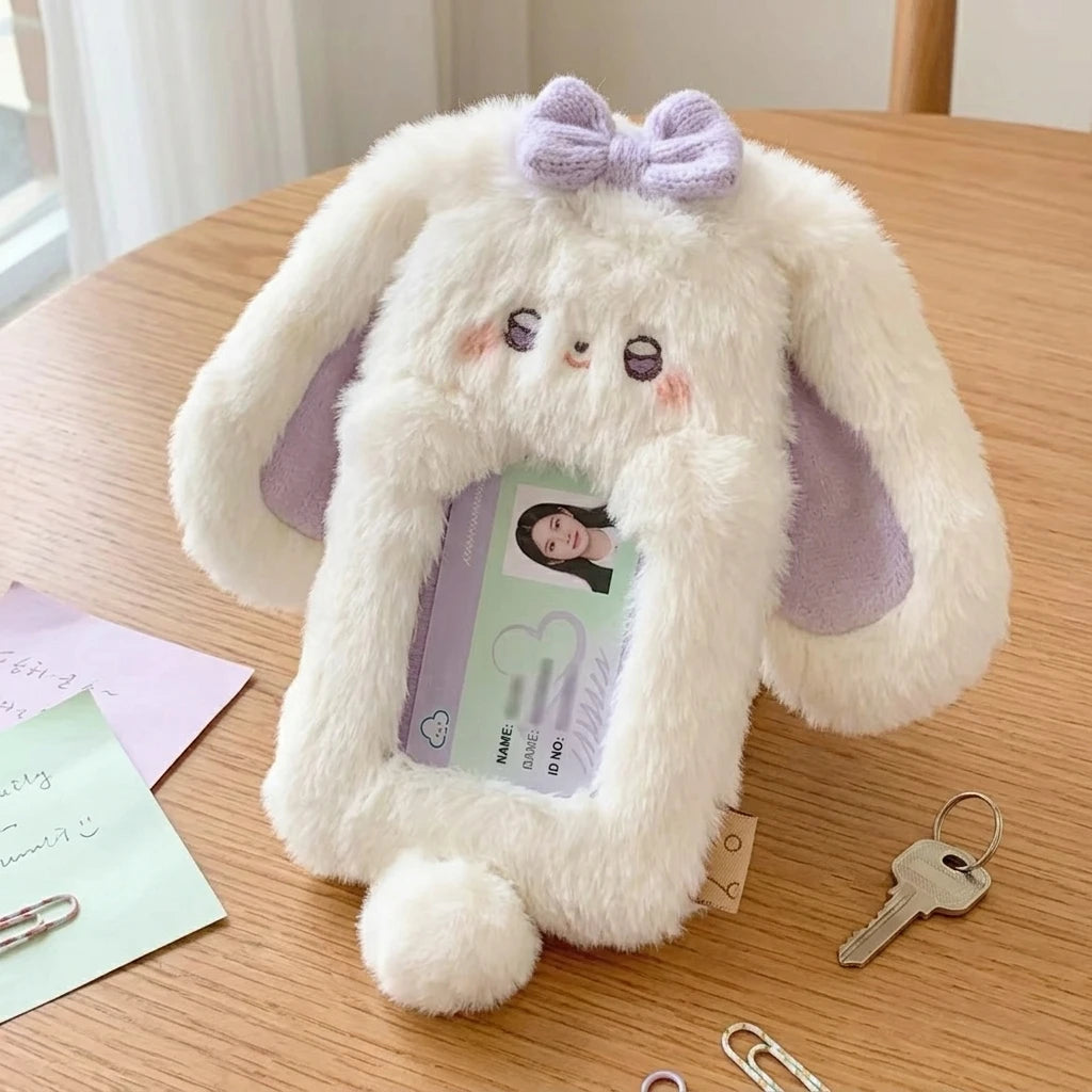 Cute Bunny Plush Photo Holder Student ID Card Holder Rabbit with Bowknot Design Photo Album Photo Protector Cover Gift for