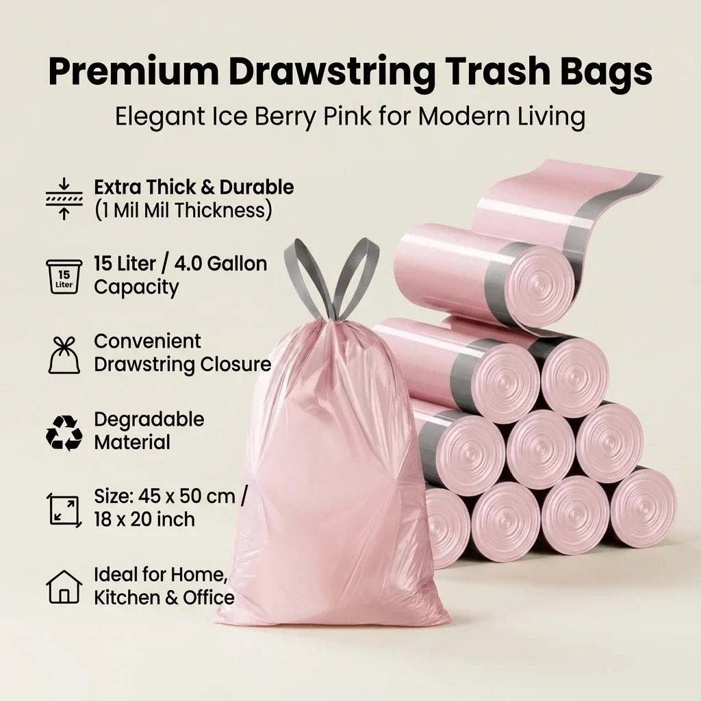 Pink Drawstring Trash Bags, Thickened Leakproof Tear Resistant Easy Tie Odor Resistant for Kitchen Bathroom Office Daily Home Use Households Busy Families Small Trash Can Liners Household Cleaning Garbage Bags