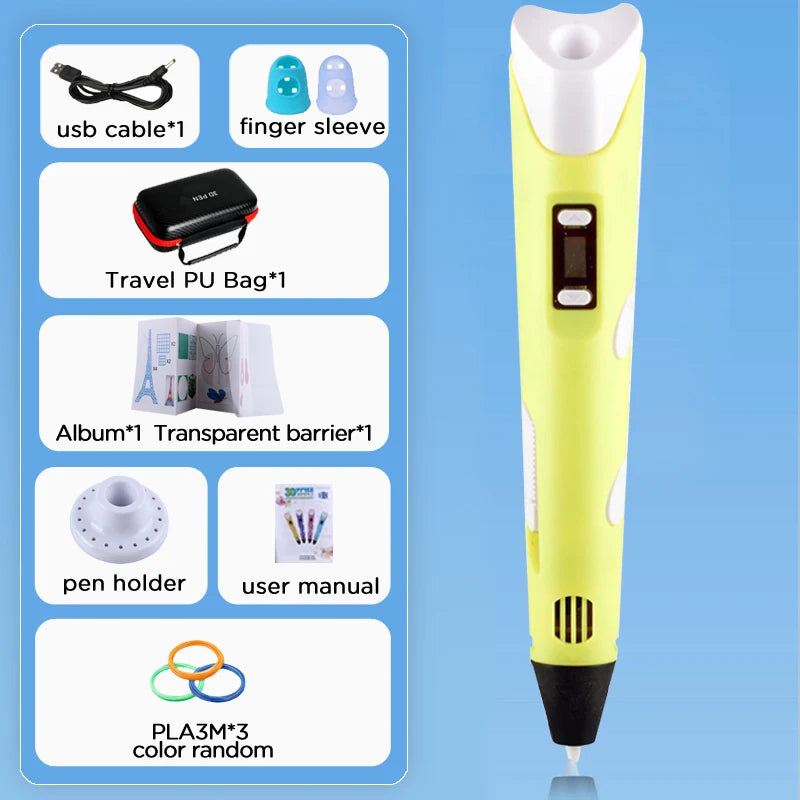 3D Pen With LCD Screen Compatible PLA Filament Toys 3D Drawing Printing Pen for Children DIY Christmas Birthday Gift
