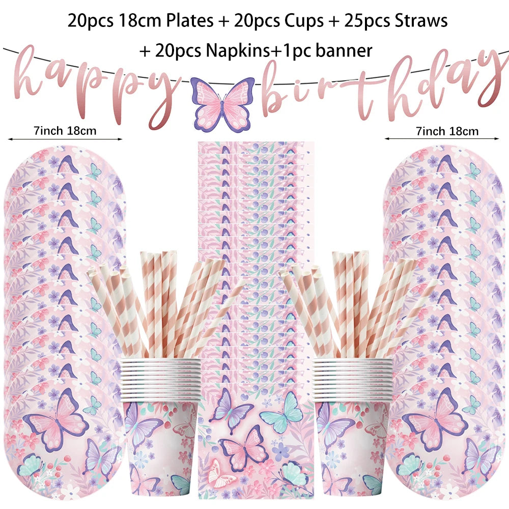 Butterfly Girls Birthday Party Disposable Tableware Fairy Pink Paper Plates Cups Napkin Tablecloth Birthday Party Decorations