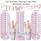 Butterfly Girls Birthday Party Disposable Tableware Fairy Pink Paper Plates Cups Napkin Tablecloth Birthday Party Decorations