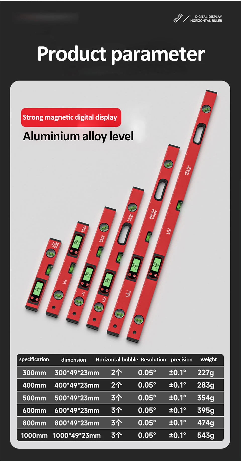 30/40/50cm Electronic Digital Display Level Ruler Magnetic Angle Meter Aluminum Alloy Level Protractor Inclinometer 90 Degree