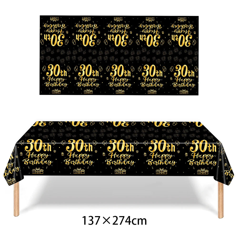 Happy Birthday 30 Year Old Disposable Tableware Black Gold Plate Tablecloth Banner For 30th Birthday Party Decorations  Supplies