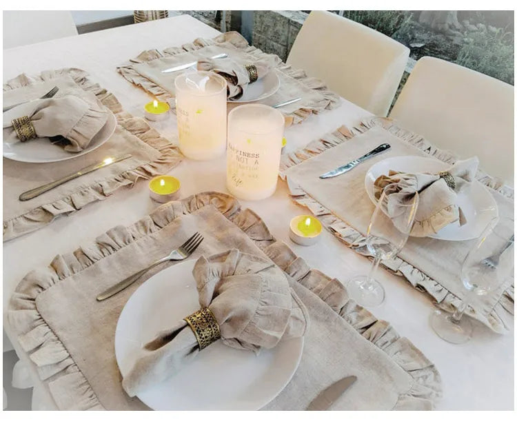 1 Pcs 100% Linen Napkins Wedding Dinner Solid Color Flounce Placemats Ruffle Edge Classical Custom Home Table Napkin