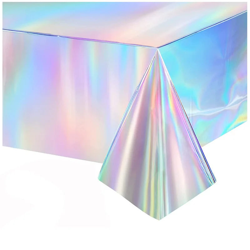 Iridescent Silver Holographic Party Tableware Set Disposable Paper Plates Cups Tablecloth for Birthday Wedding Y2K Disco Decor
