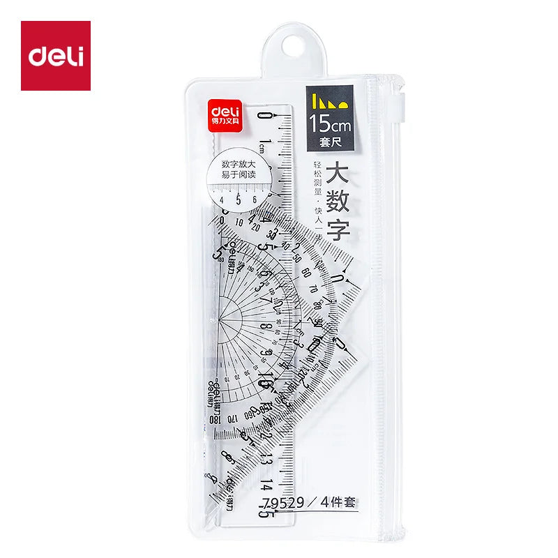 Deli 4Pcs Student Ruler Set Transparent Plastic Straight Ruler Triangle Protractor for Kids School Office Home Supplies