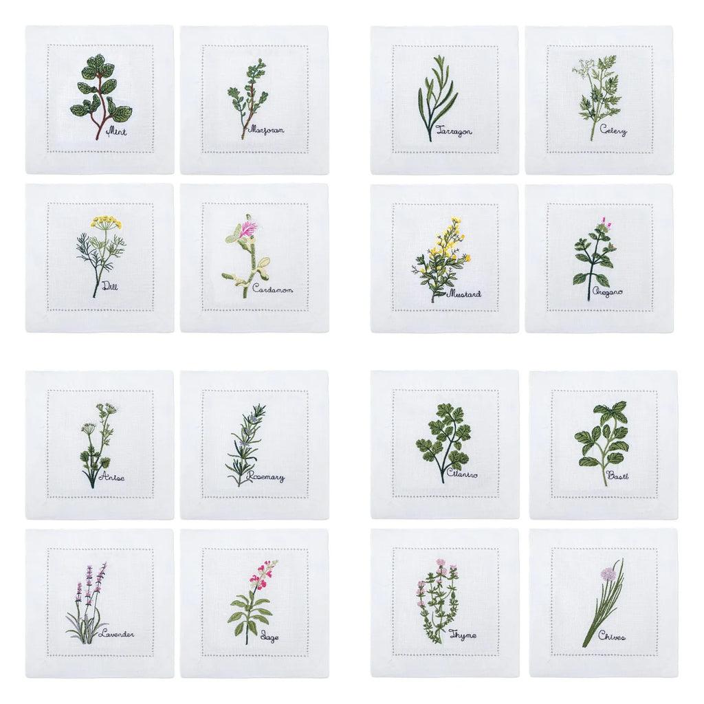 New Embroidered Herb Cocktail Napkin, Pure Linen, Lavender, Rosemary, Mint，Sage，Natural, Elegant, Tea Napkin, 15x15cm,