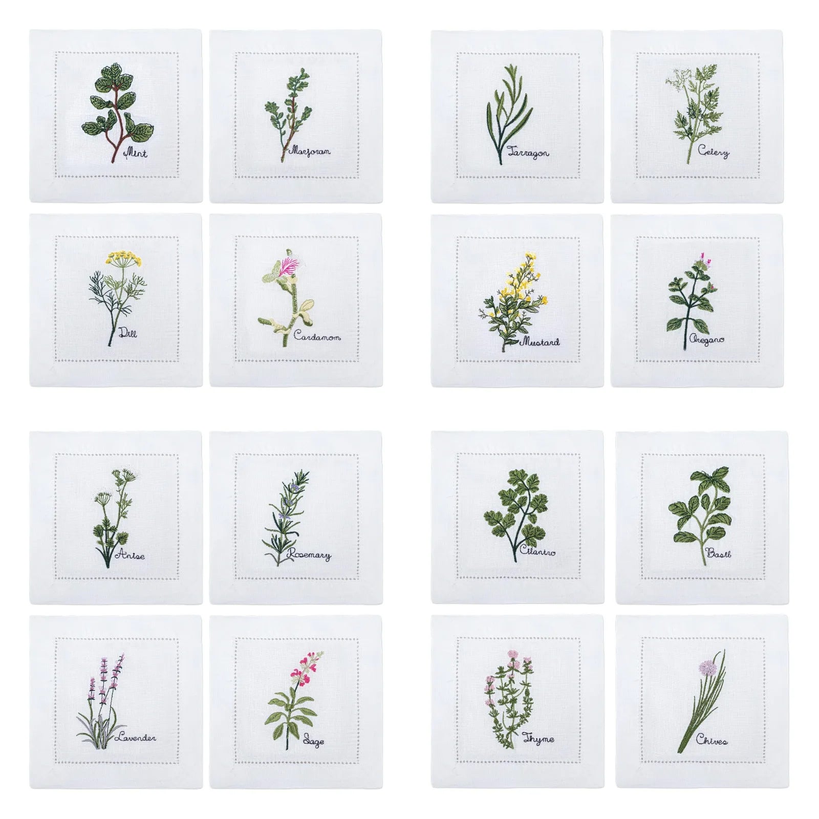 New Embroidered Herb Cocktail Napkin, Pure Linen, Lavender, Rosemary, Mint，Sage，Natural, Elegant, Tea Napkin, 15x15cm,