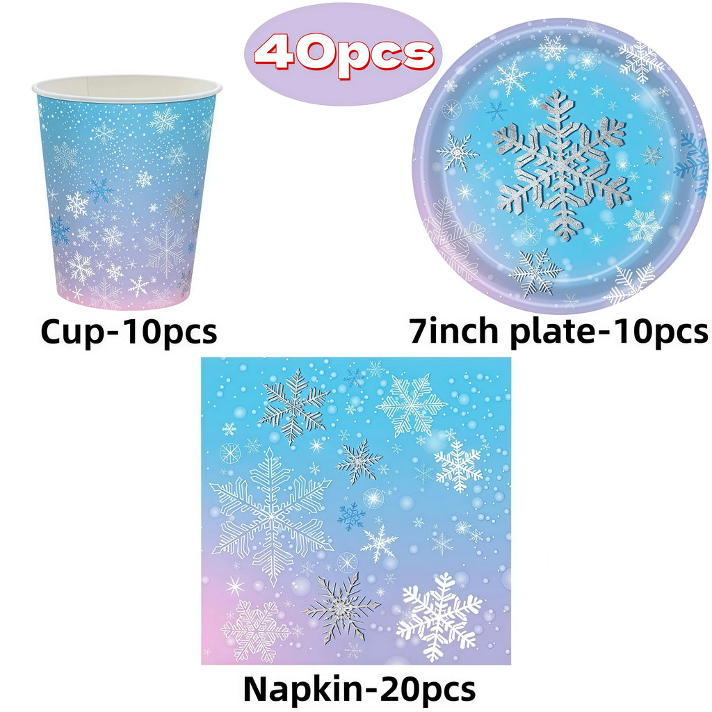 Christmas Snowflake Party Supplies Tableware Set Cups Plates Napkins Tablecloth Blue Purple Snowflake Birthday Decoration Props