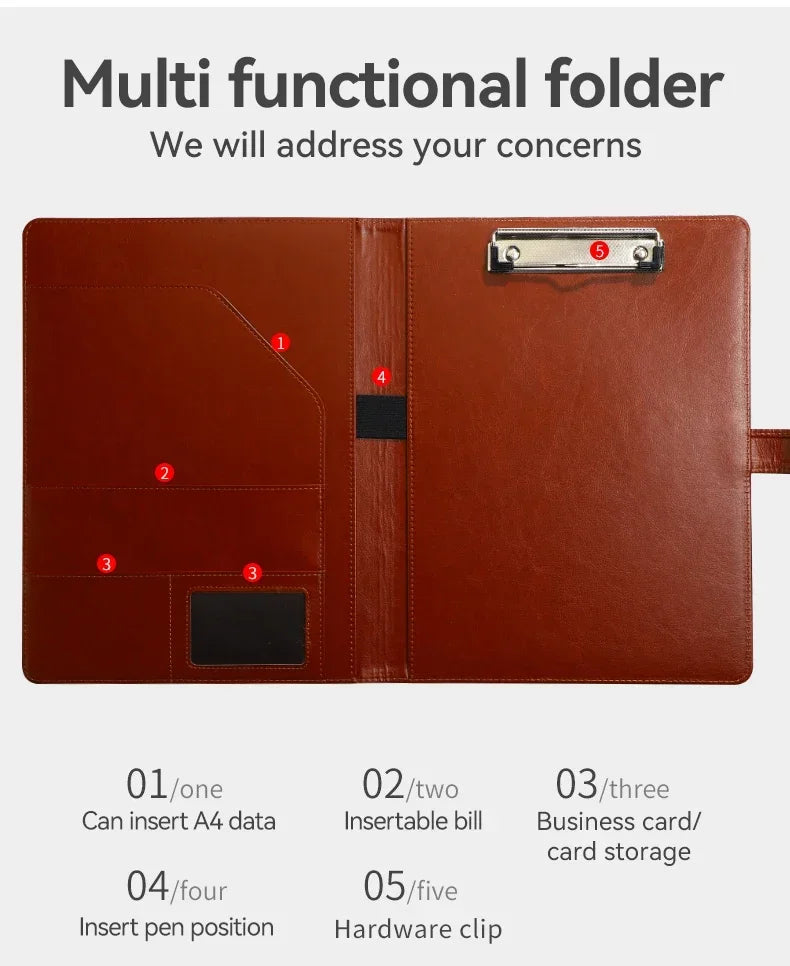 1PC A4 Size Texture PU Leather Multi-Functional Business Folder with Clip Pen Holder And Card Slots for Office Sales Bank Meetin