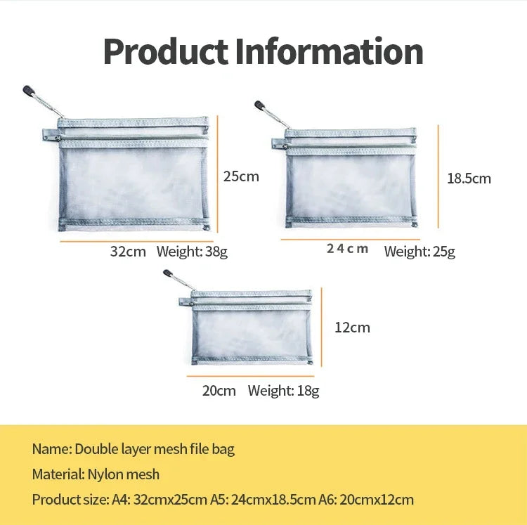Nylon Mesh File Bag A4 A5 A6 Transparent Zipper Test Paper Information Bag Office Student Pen Bag Subject Bag Puzzle Storage Bag