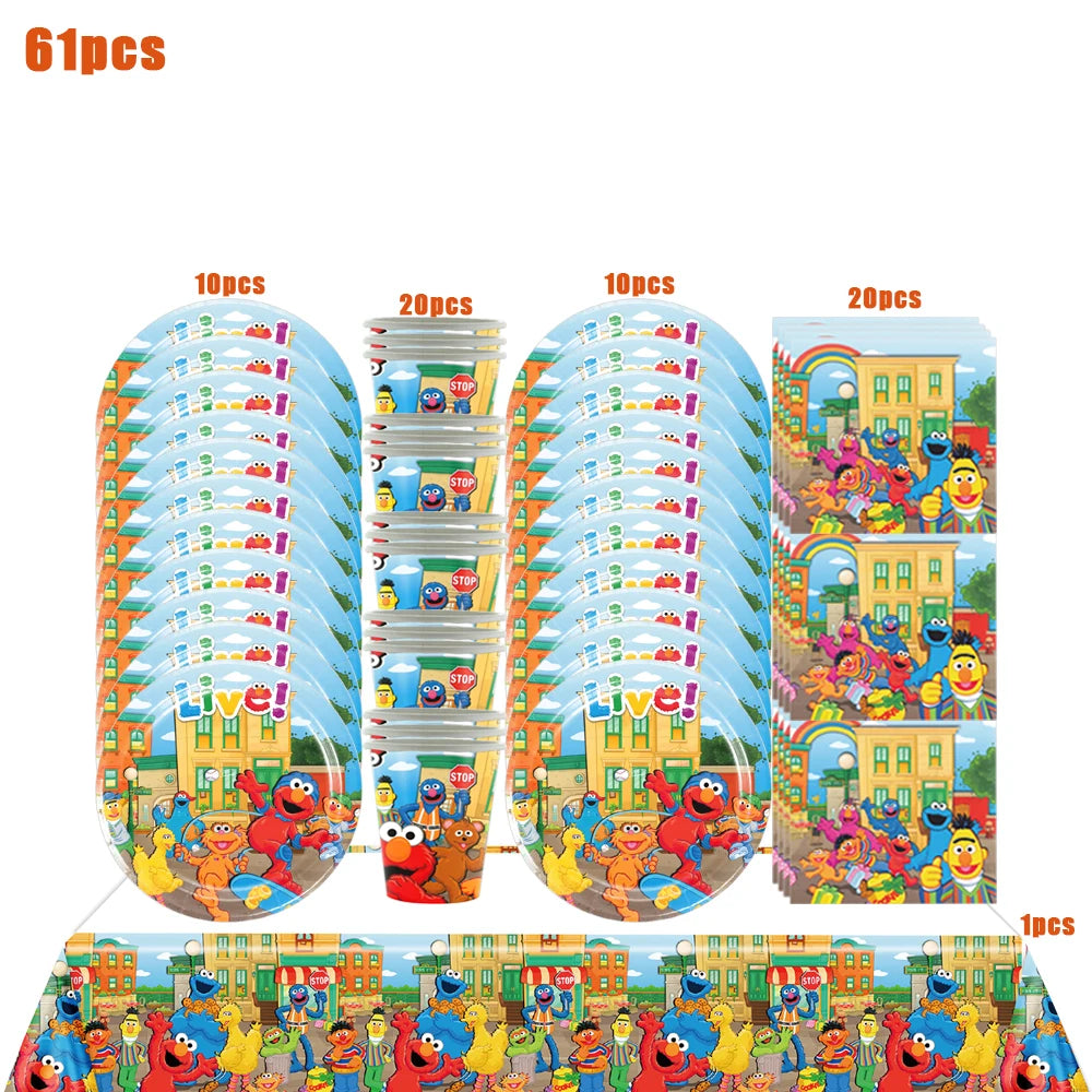 Cartoon SEsame-Streets Birthday Party Set Supplies Kids Disposable Tableware Balloon Cake Topper Banner Plates Decoration