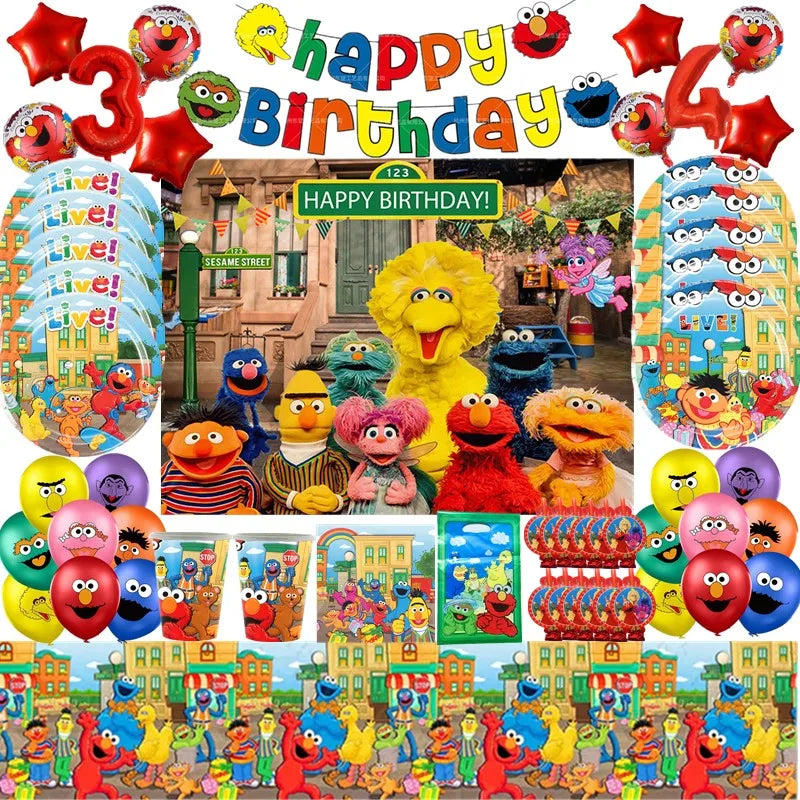 Cartoon Sesames Streets Birthday Party Supplies Kids Disposable Tableware Cup Plate Napkin Tablecloth Balloon Banner Decoration