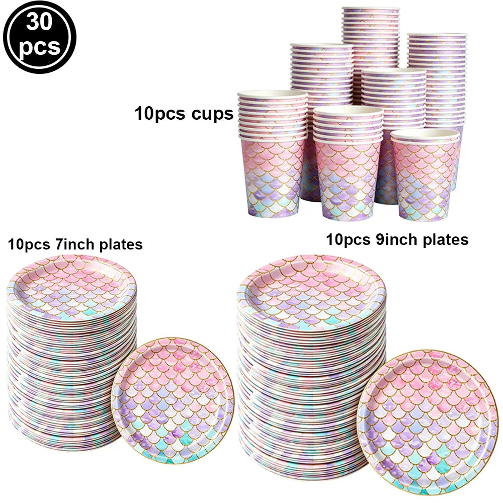 Mermaid Party Supplies Mermaid Scales Pattern Paper Plate Cup Napkin Popcorn Box Food Bowl Girl Birthday Party Baby Shower Decor