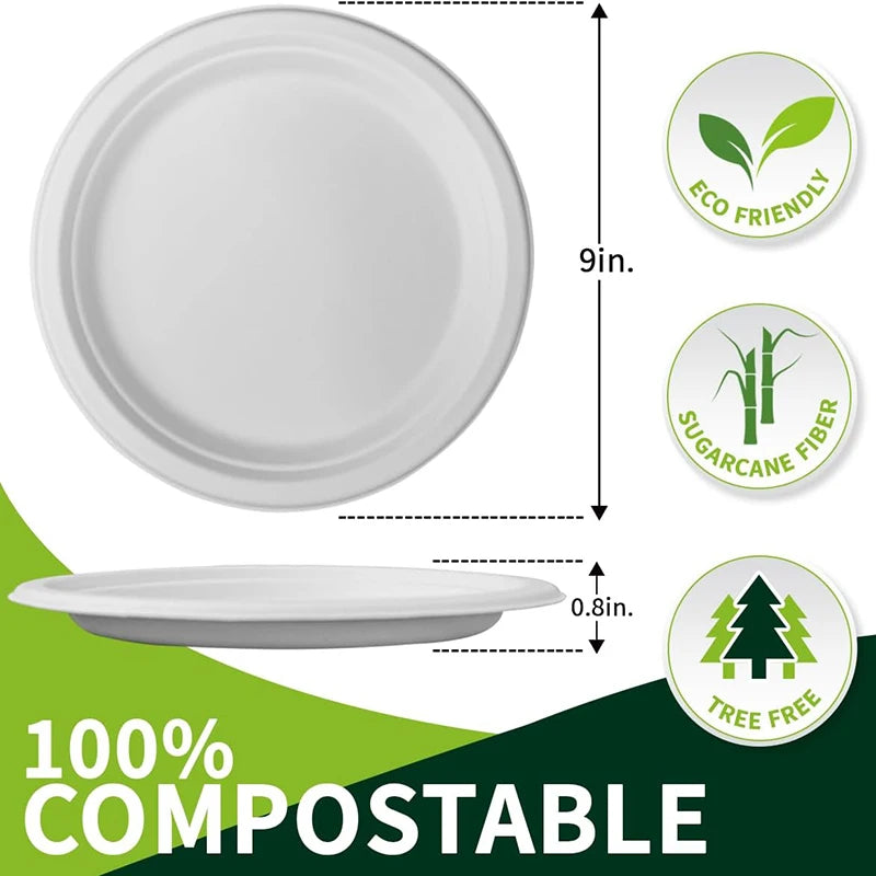 50 Pack Premium  Compostable Plates, Sugarcane Fiber Material Heavy Duty Disposable Tableware for Home Outdoor Use Eco Conscious