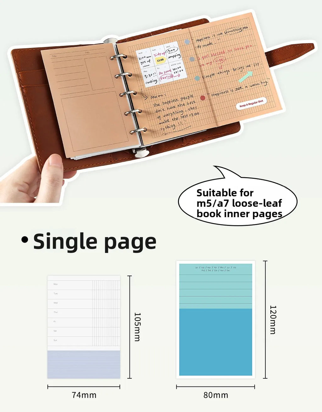 A7M5 Two Size 20Sheets Loose Leaf Inner Page Notebook Refill Spiral Weekly Monthly To Do Inside Paper Stationery