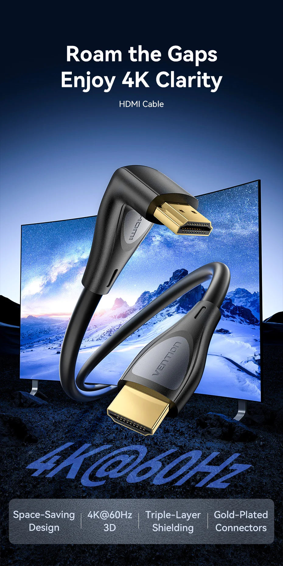 Vention 90° Angled HDMI 2.0 Cable 4K60Hz Ultra HD High-Speed Cord for Xiaomi TV Monitor Laptop PS5 Xbox PC HDR Video HDMI Cable