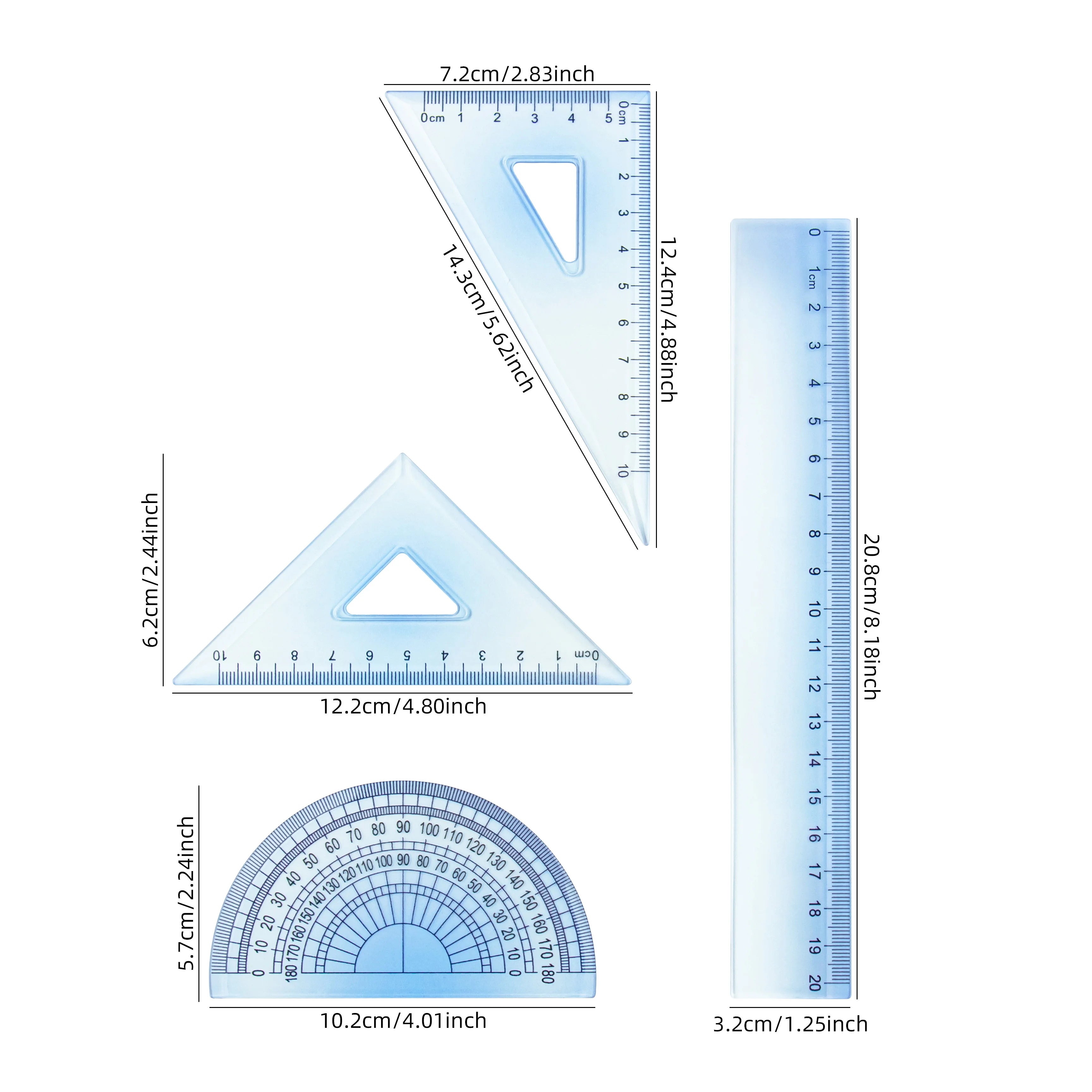 15/20cm Multi-Color Gradient Ruler Set - Durable, Precise Measuring Tools with Protractor, Triangle Set, and Semi-Circle