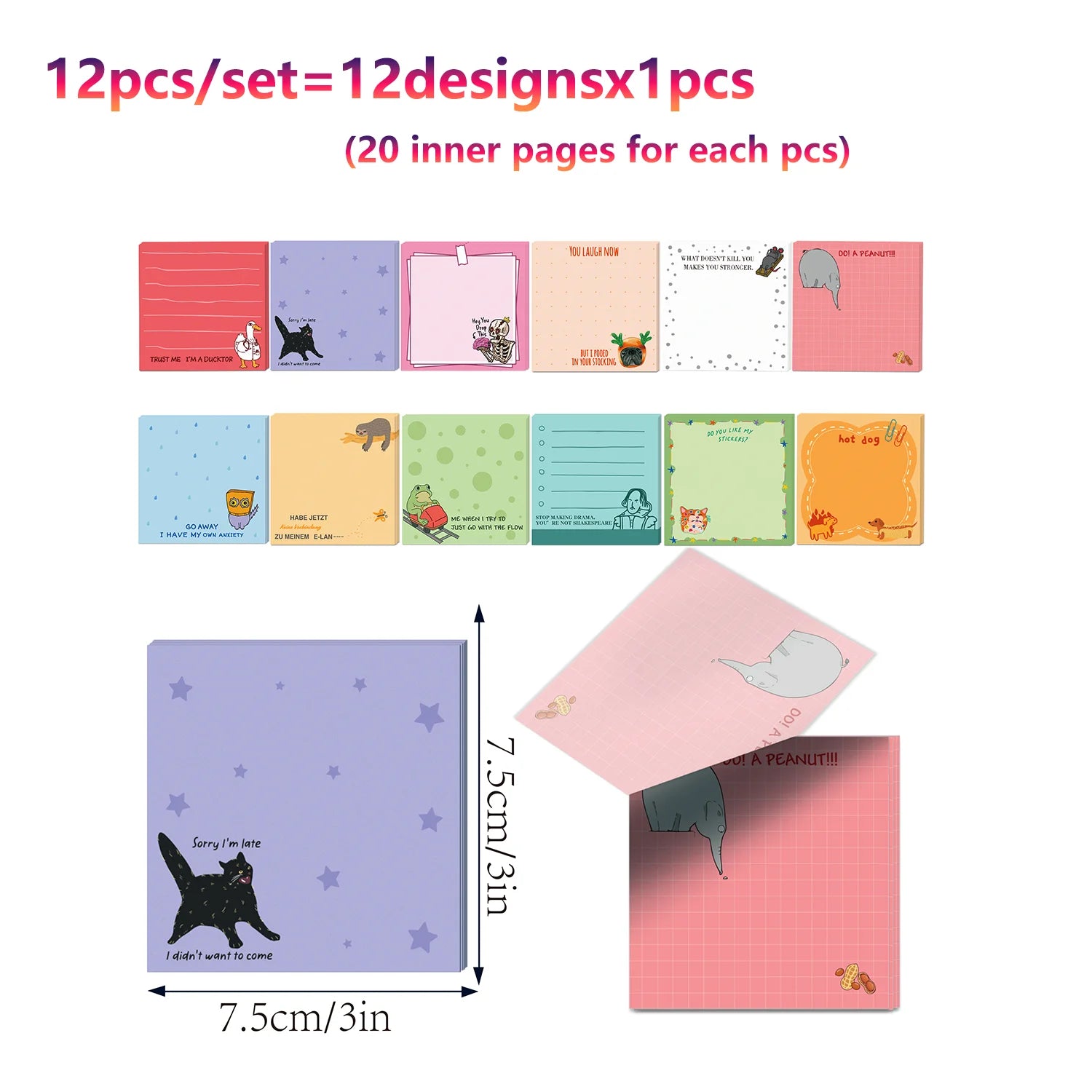 12/24pcs Cute Animals Sticky Notes Set, Refrigerator Memo Pads,Self-Stick Dog Cat Notes Pads for Home Office Gifts Supplies