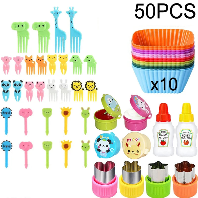 Mini Fruit Forks For Children Kids Cute Animal Food Picks Snack Toothpicks With Vegetable Cutter Set Silicone Lunch Box Dividers