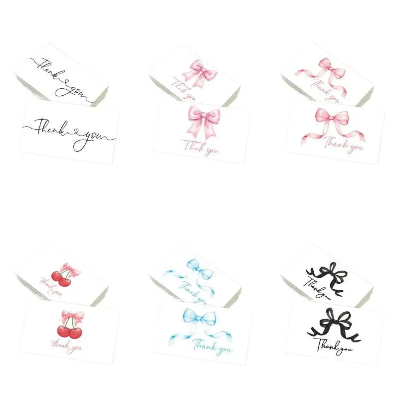 50pcs Business Thank You Cards Cherry & Pink Bow Design Celebration Invitations Gift Wrapping Cards For Party