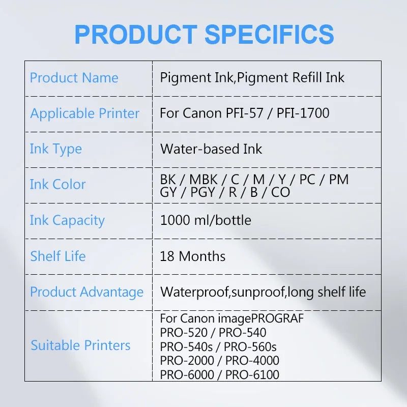 For Canon PFI1700 PFI-1700 1000ML Pigment Ink PFI-57 PFI 2700 3700 PFI-1000 PRO-520 540 540s 560s 2000 4000 PRO-6000 PRO-6100