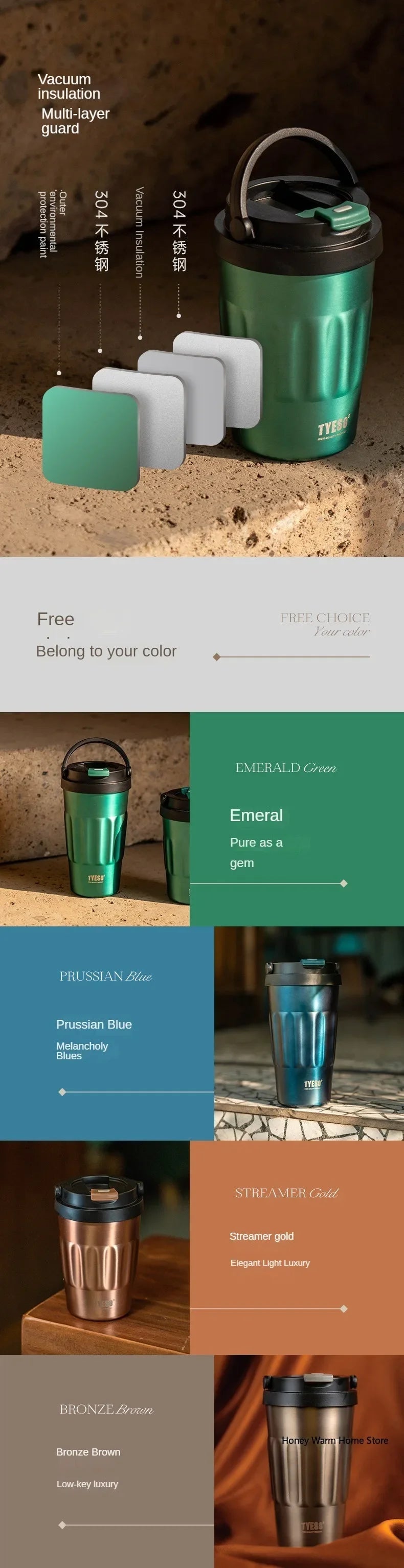 TYESO Vacuum Flasks Thermos Water Bottles 400ml/500ml Stainless Insulated Cup 304 Original Car Tumbler Cold and hot Coffee Mug