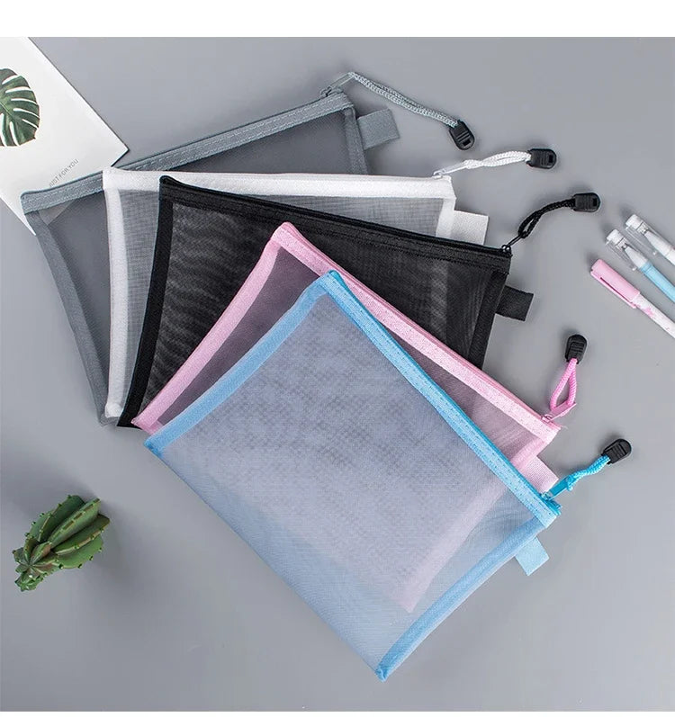 Nylon Mesh File Bag A4 A5 A6 Transparent Zipper Test Paper Information Bag Office Student Pen Bag Subject Bag Puzzle Storage Bag