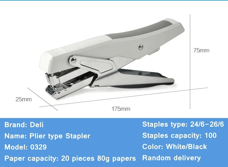 Deli 0329 Manual Plier Stapler Hand-Held Type 20 Sheets Capacity 80g Metal Effort-Saving Stapler for Office And School Supplies