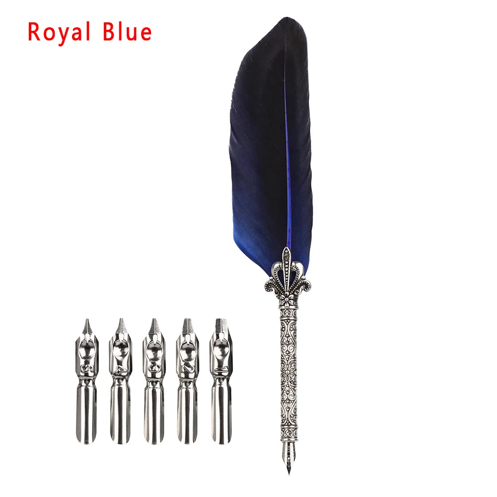 1 Set New Luxury Feather Pen 5 Nib Vintage Quill English Calligraphy Signature Pen European Gift Box Scuba Dive Writing Tools