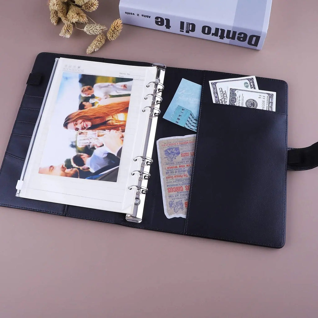 New A5 PU Leather Binder Cover with Magnetic Buckle Closure, 6 Ring Personal Notebook for Organizing Planner, Photo Card Sleeves