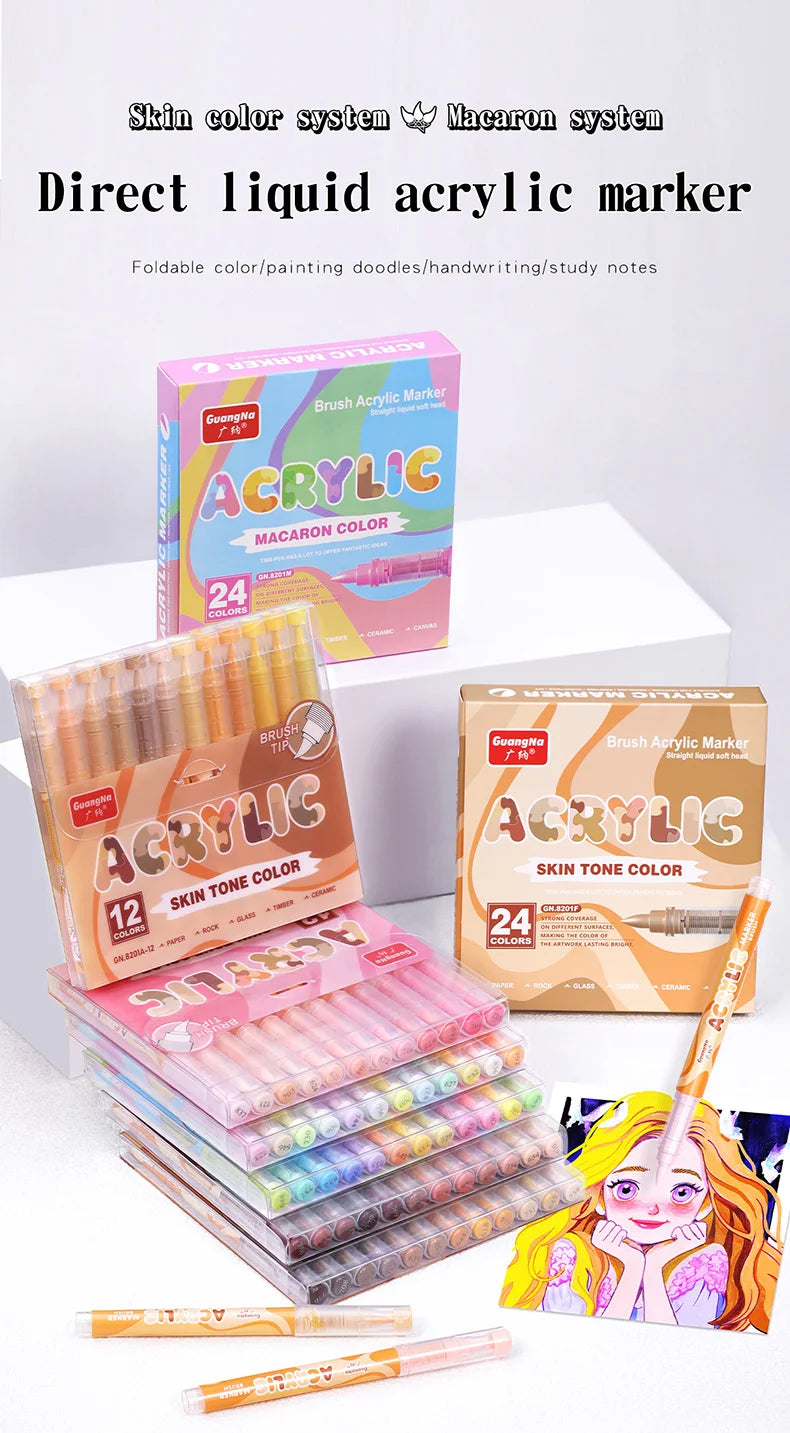 GuangNa 12-72 Colors Soft Brush Acrylic Marker Pen Set,Skin Tone, Macaron color,DIY Hand Drawn,Paint Art Markers pens,GN.8201F/M