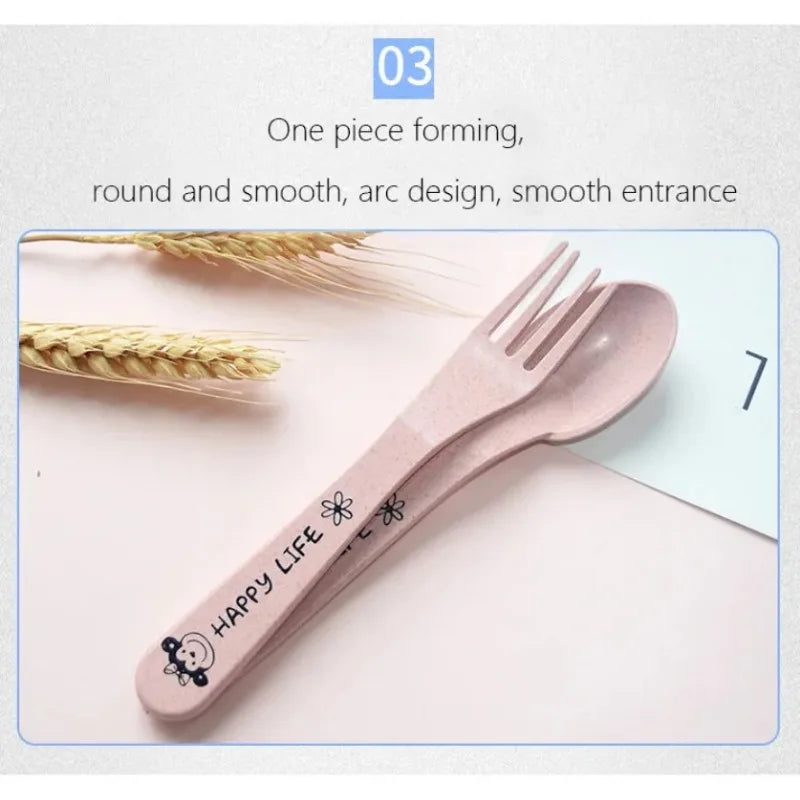 3Pcs/set Wheat Straw Baby Dishes Cartoon Tableware Set Kids Dinner Platos Baby Feeding Plate Training Bowl Spoon Fork Tableware