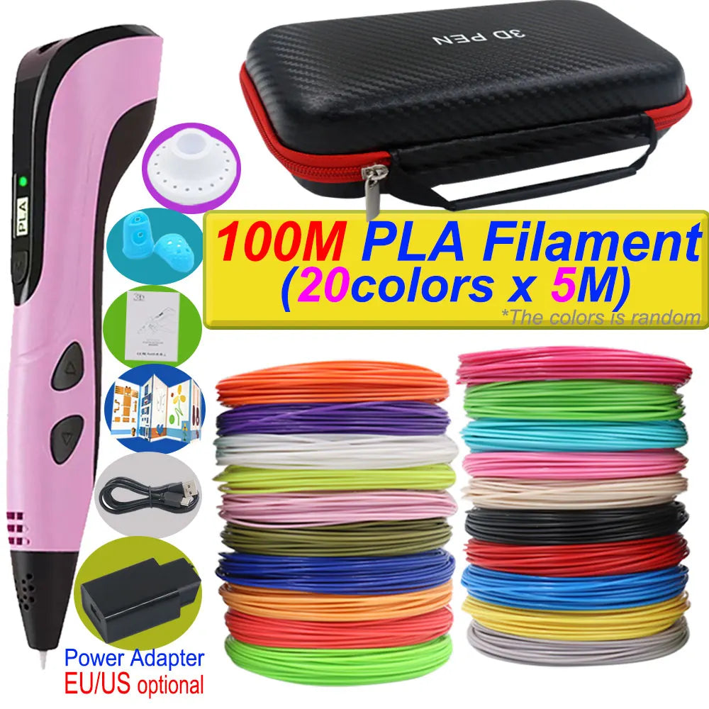 2026 New 3D Printing Pen DIY Three-dimensional Painting Children Toys With LCD Screen Power Adapter 200M PLA Filament Toys Gift