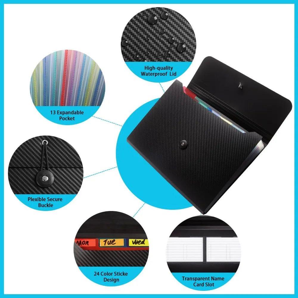 13 Pocket Expanding File Folder Organizer with Polypropylene Material Letter Size Document Holder for Home Office School Use Black Color Accordion File Storage for Papers Receipts Bills and Records
