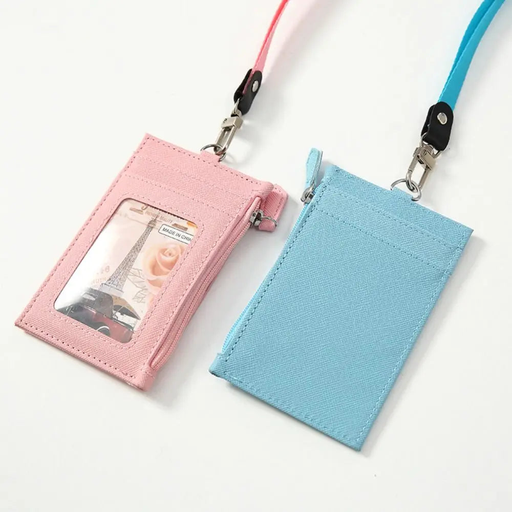 Portable PU Leather Card Bag Holder with Neck Lanyard Student Card Bag Coin Purse Card Case Zipper Bag Office Casual Supplies