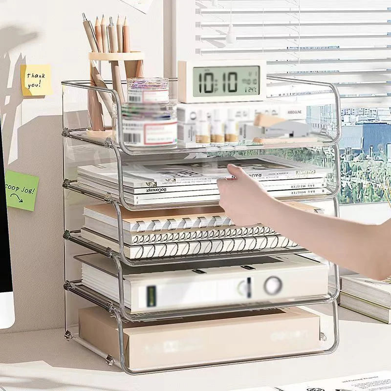 Desktop File Organizer Stackable Storage Tray Clear Paper Rack Stationery Box Transparent Holder Home Office Magazine Book Shelf