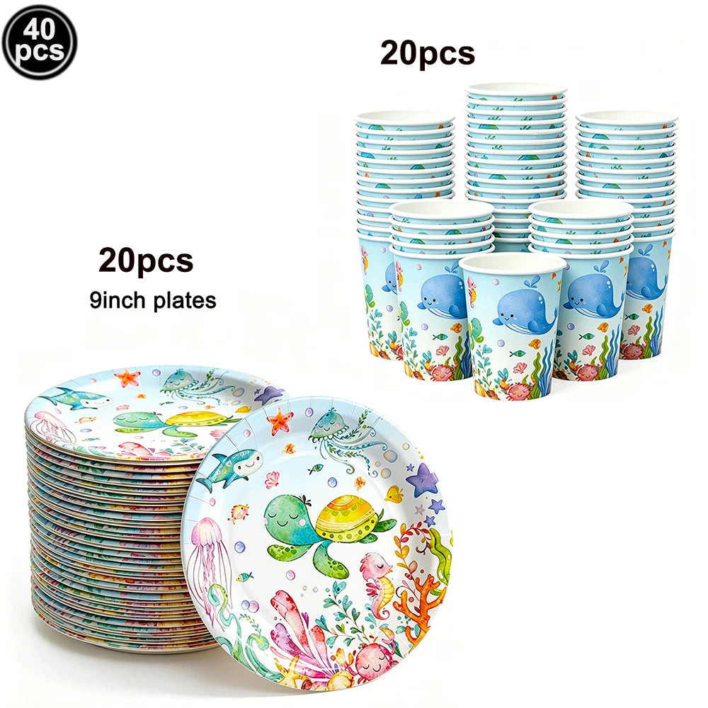 Sea Animal Theme Disposable Tableware Under The Sea Baby Shower Party Plates Napkins Cups Ocean Animals Birthday Party Supplies